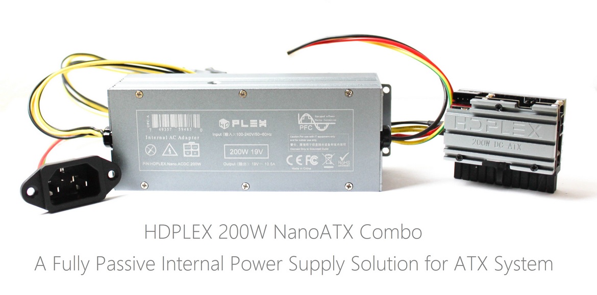 HDPLEX internal fanless AC-DC adapters NanoATX solution